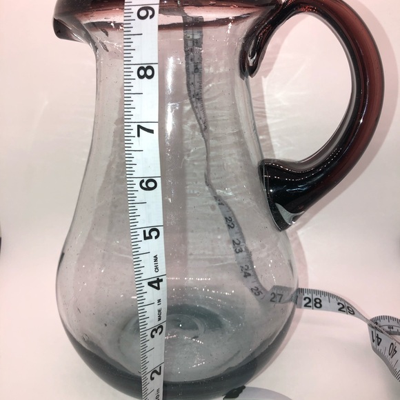 Hand Blown Glass Pitcher Made In Mexico 9” Height Purple Brown Glass Handle - Picture 9 of 11